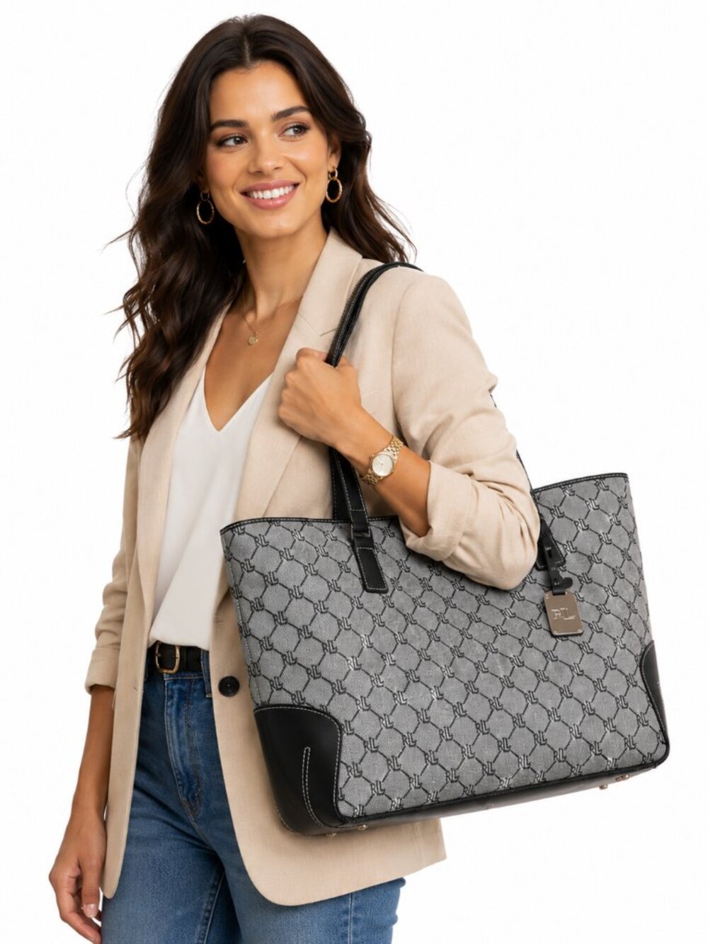 Lauren Ralph Lauren Gray Black Signature Monogram Canvas Tote Shopper Bag Large